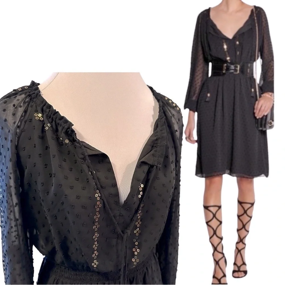 NWT Altuzarra Dress Black Swiss dot chiffon sequins long sleeves smocked Sz 4 - Picture 2 of 15